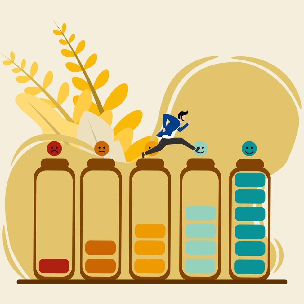 Ein Geschäftsmann, der mit einer Stimmungsenergiebatterie zu einem guten oder vollständigen Mod läuft. Vektorillustration des Energiekonzepts für psychische Gesundheit vektor