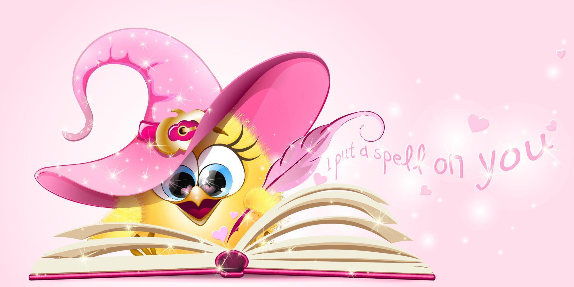 söt tecknad serie brud i rosa häxa hatt skrivningar en kärlek stava i en rosa magi bok vektor