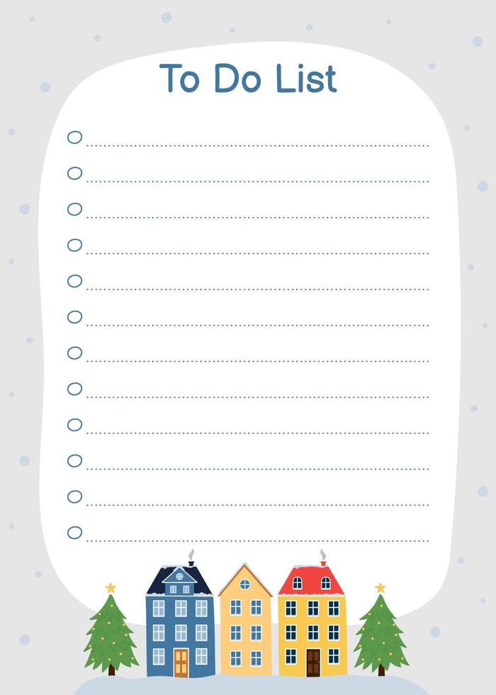 mall för till do lista med söt vinter- hus och jul träd. vektor