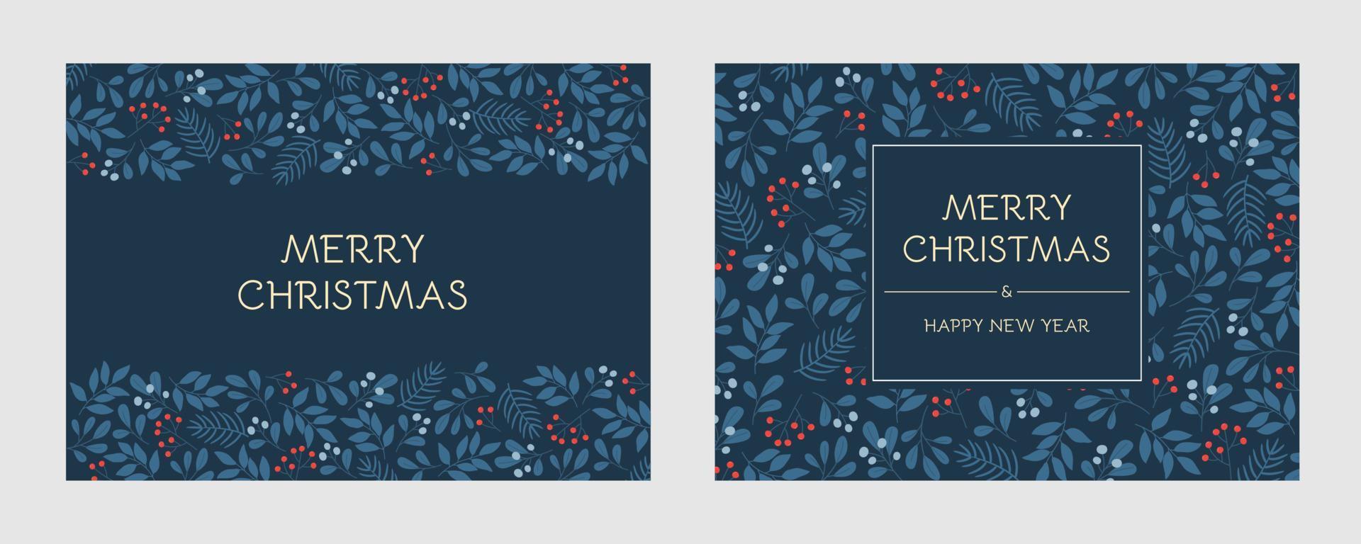 satz feiertagsgrußkarten mit blumenrahmen und weihnachtsverzierung. Winterzweigmuster in blauen Farben vektor