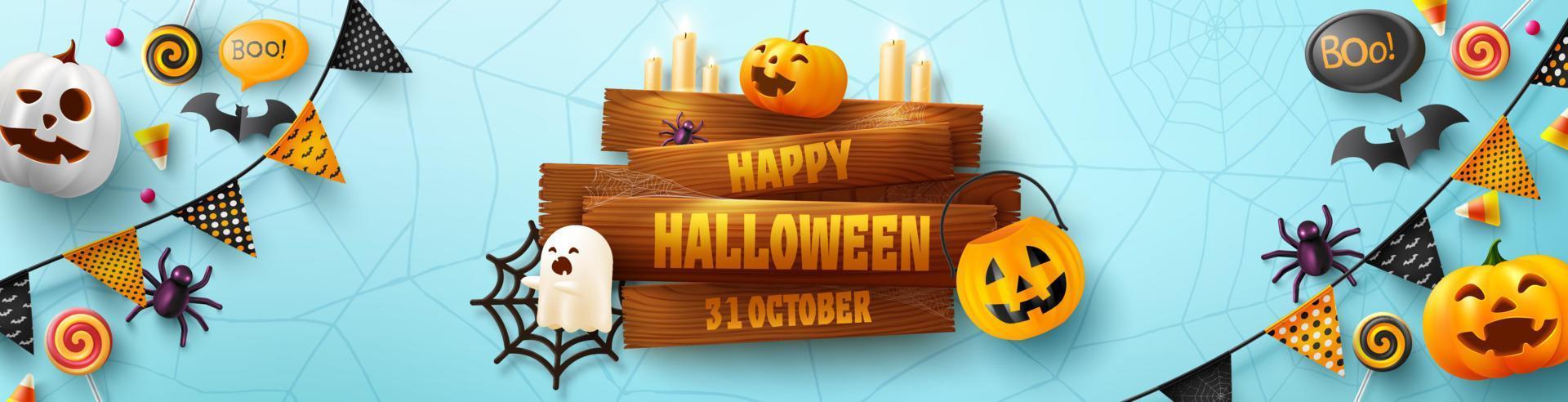 halloween-banner-vorlage mit altem holzbrett, halloween-geisterballons, kürbis. unheimliche luftballons, fledermaus, süßigkeiten und halloween-elemente auf blauem hintergrund vektor