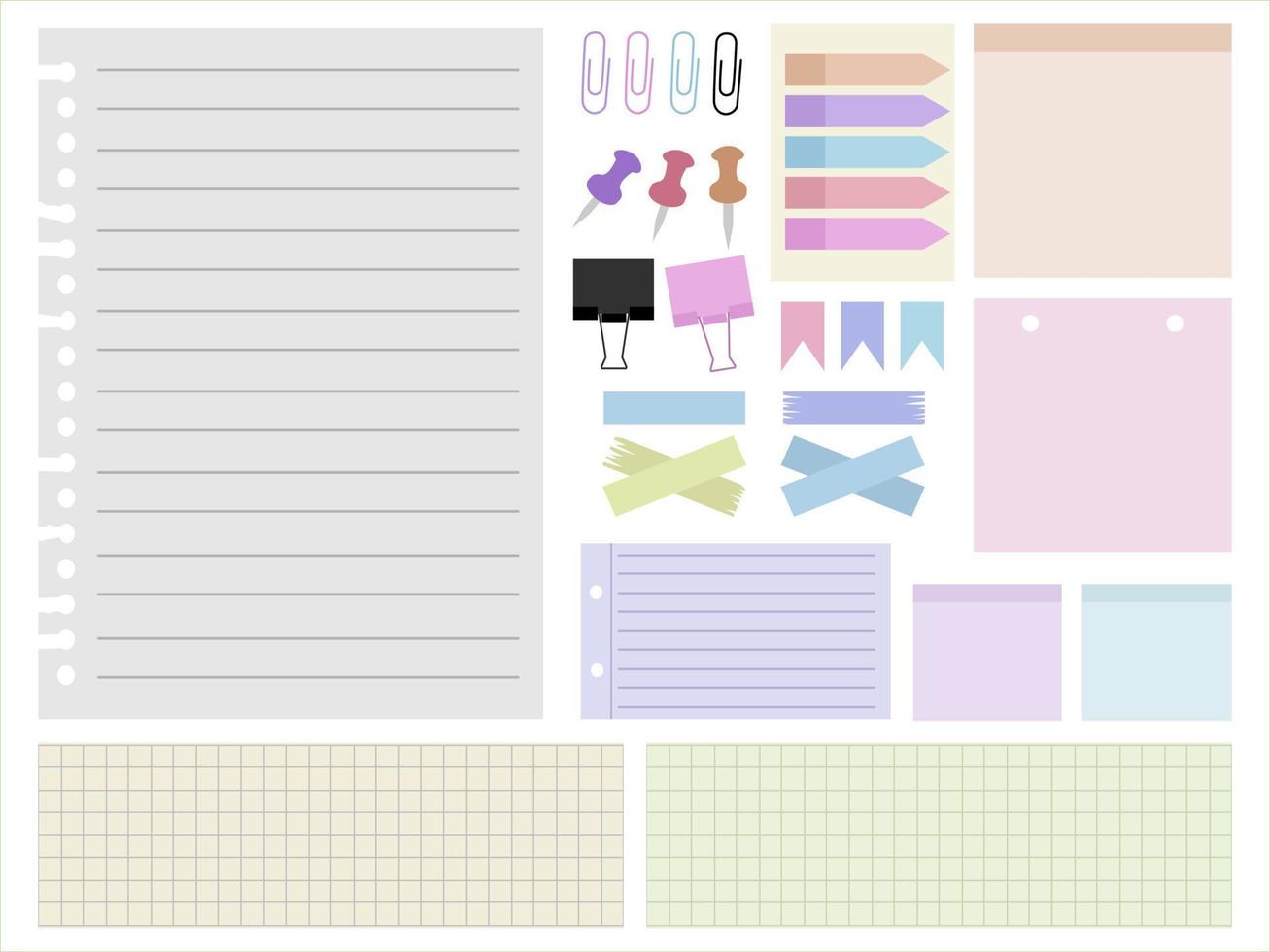 papper ark samling på annorlunda former. papper anteckningar med tejp, clips, och stift. vektor