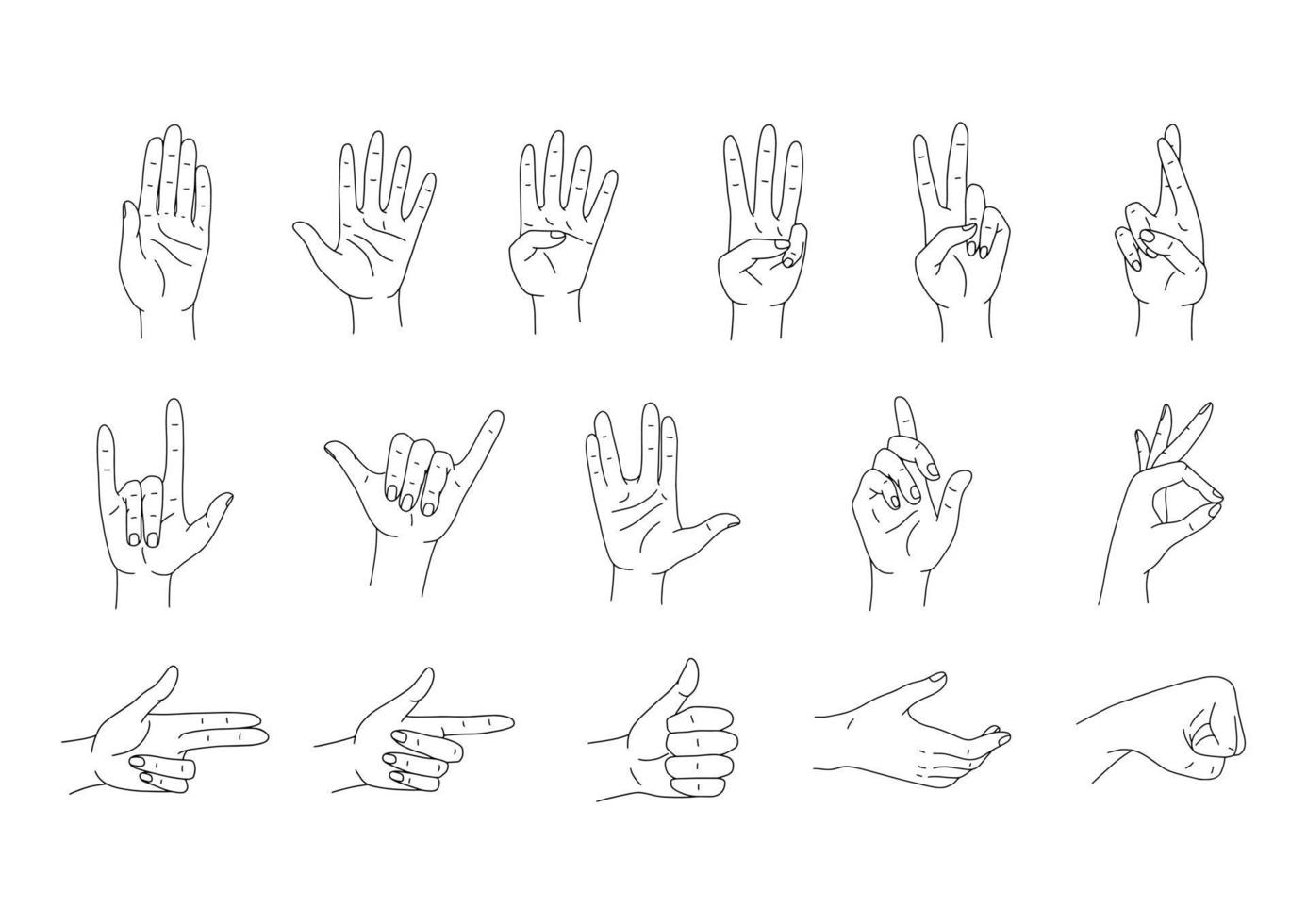 Hände stellen Vektorset dar. verschiedene Handgesten Strichzeichnungen. vektorillustration lokalisiert auf weiß vektor