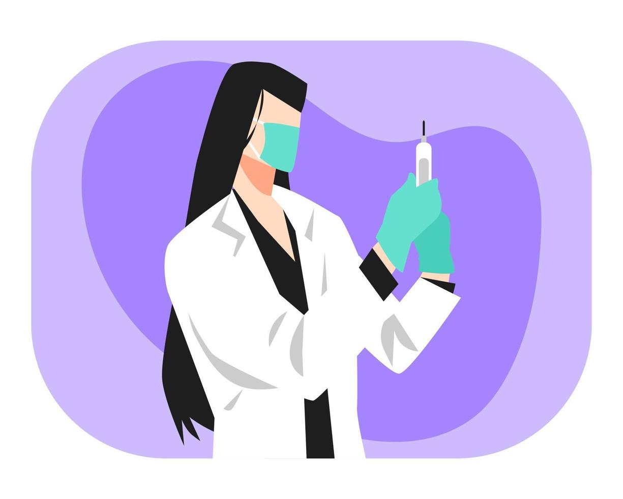 illustration av en kvinna läkare innehav en spruta. använda sig av en mask. labb täcka. isolerat lila, blå bakgrund. lämplig för de tema av medicin, vacciner, sjukhus, yrken, etc. platt vektor