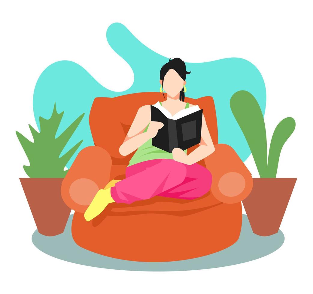 illustration av flicka läsning en bok medan Sammanträde på de soffa. avslappnad. dekorativ växt krukor. lämplig för de tema av utbildning, studie, Hem, hobbyer. platt vektor stil