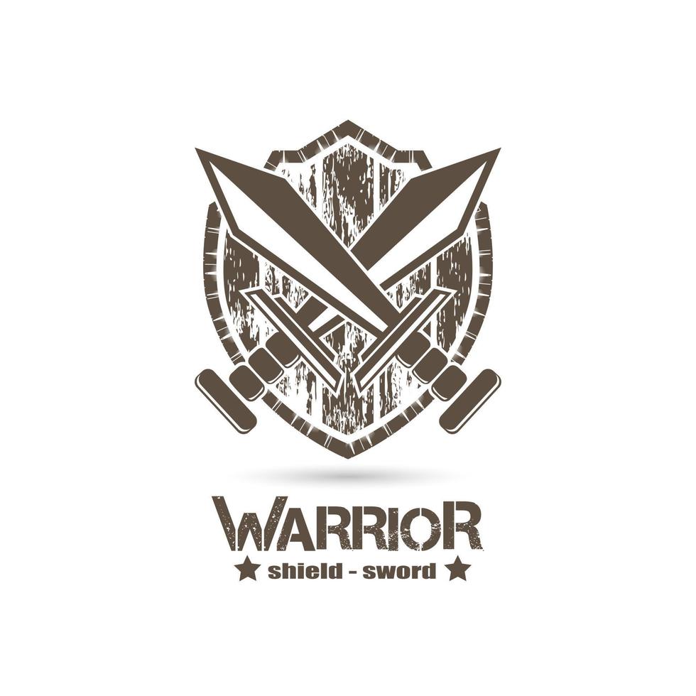 Grunge-Stil-Schild und gekreuztes Schwert-Symbol, Krieger-Emblem-Logo, vektor
