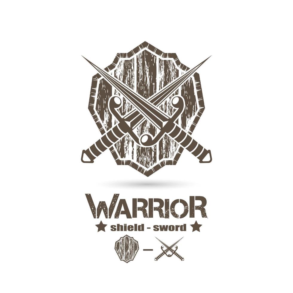 grunge stil skydda och korsade svärd ikon, krigare emblem logotyp, vektor