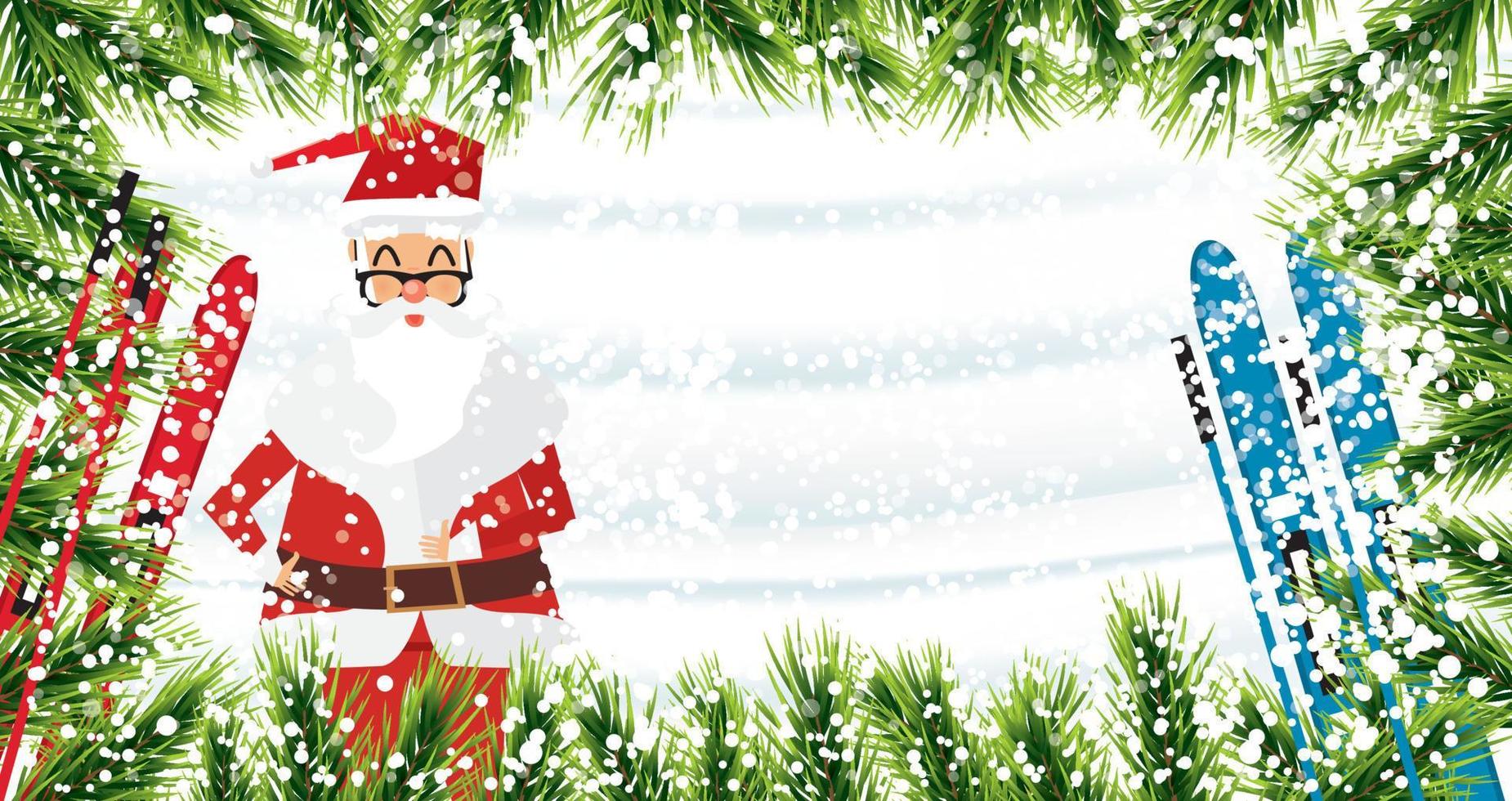 Weihnachtsmann. weihnachtshintergrund mit tannenzweigen, schnee und skifahren. vektor