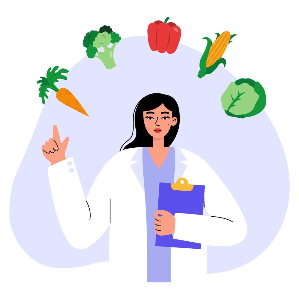 diet planen eller näring samråd begrepp. kvinna dietist eller dietist läkare med grönsaker. vektor