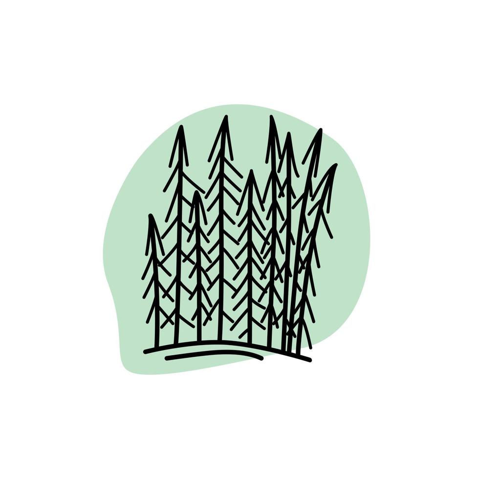 hand dragen skog klotter stil, vektor illustration isolerat på vit bakgrund. svart rader, natur, granar. dekorativ design element, grön abstrakt form