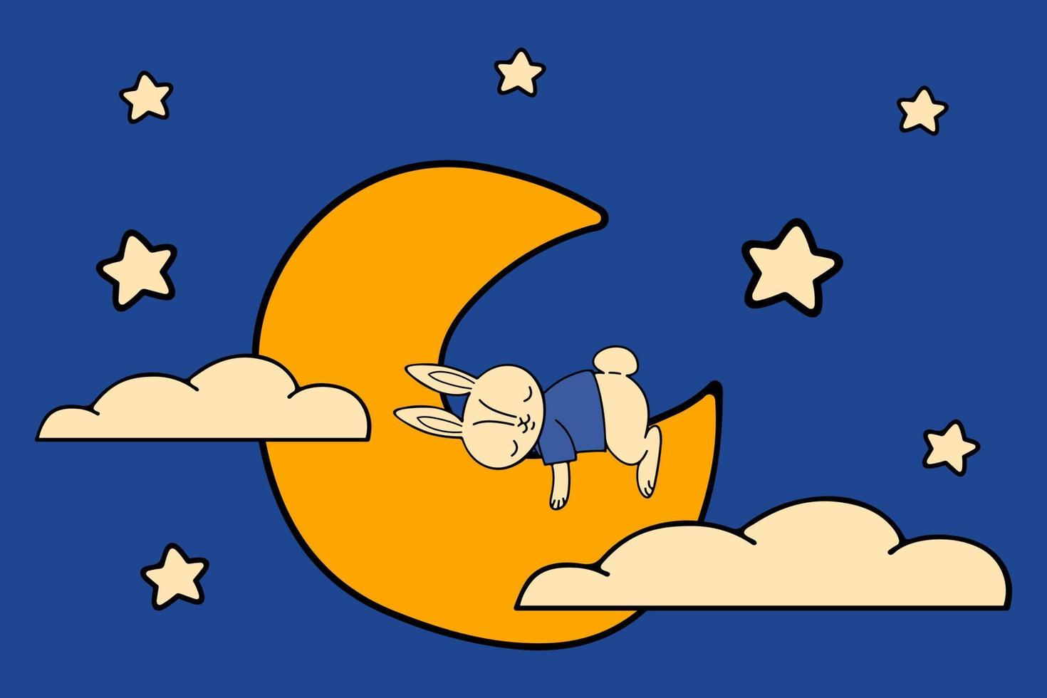 süßes kleines Kaninchen oder Hase, das auf dem Halbmond zwischen Sternen und Wolken schläft. Vektor-Cartoon-Illustration. vektor