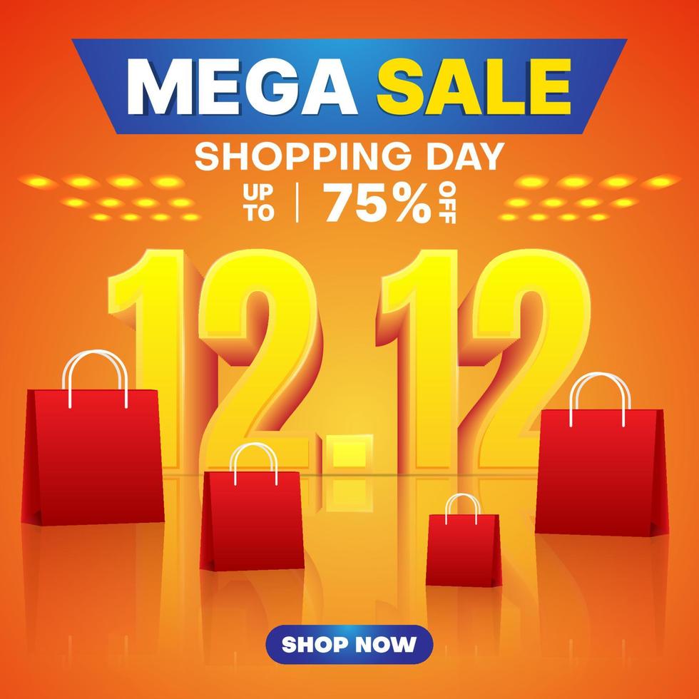 12.12 Shopping Day Mega Sale Banner oder Poster mit realistischer Einkaufstasche und Nummer 12.12 vektor