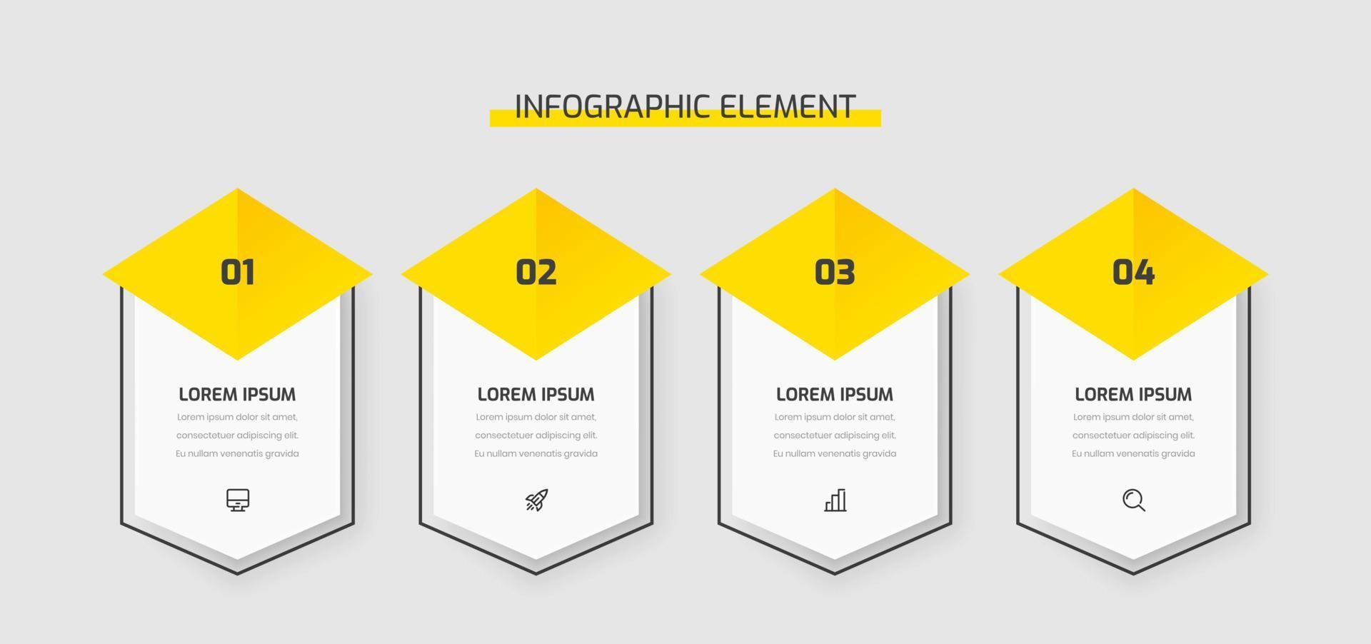 Design von Business-Infografik-Präsentationsvorlagen mit gelber Farbe, Symbol und 4 Zahlen. geeignet für Prozessdiagramm, Präsentationen, Workflow-Layout, Banner, Flussdiagramm vektor