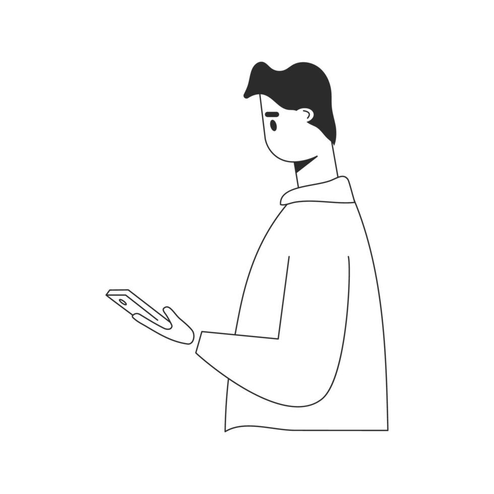 Ein Mann schaut auf ein Smartphone. der Typ hält das Telefon und überprüft die Post. isolierte Vektorillustration auf weißem Hintergrund vektor