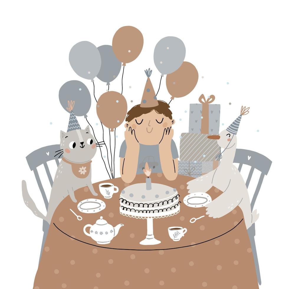 vänner är fira en födelsedag. kaka och te på de tabell. glad barns fest. söt pojke och djur med hattar och ballonger. liten tecken isolerat på vit bakgrund. vektor