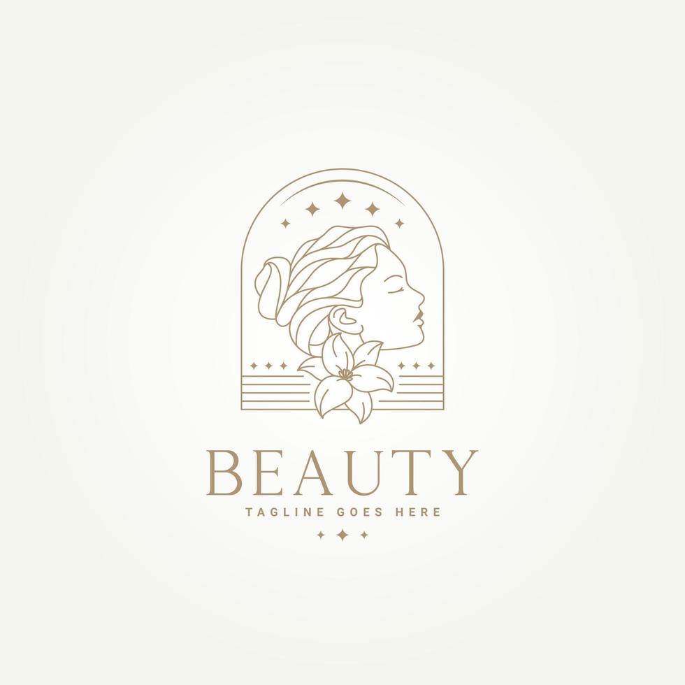 minimalistische Schönheit Frau Abzeichen Linie Kunst Symbol Label Logo Vorlage Vektor Illustration Design. einfache moderne schönheitsdame mit blume für schönheitssalon, gesundheitsindustrie und make-up-logokonzept