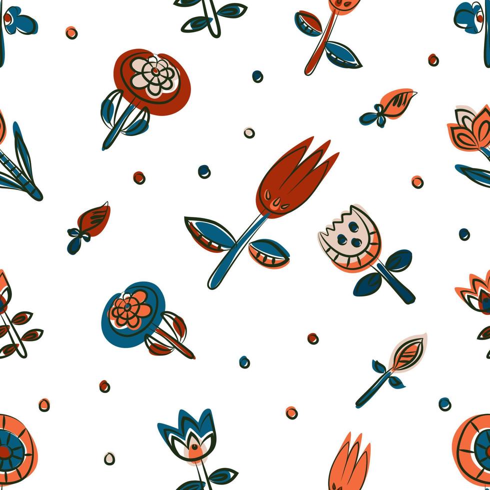 blommig sömlös mönster som scandinavian textil- design. vallmo och tulpaner vektor