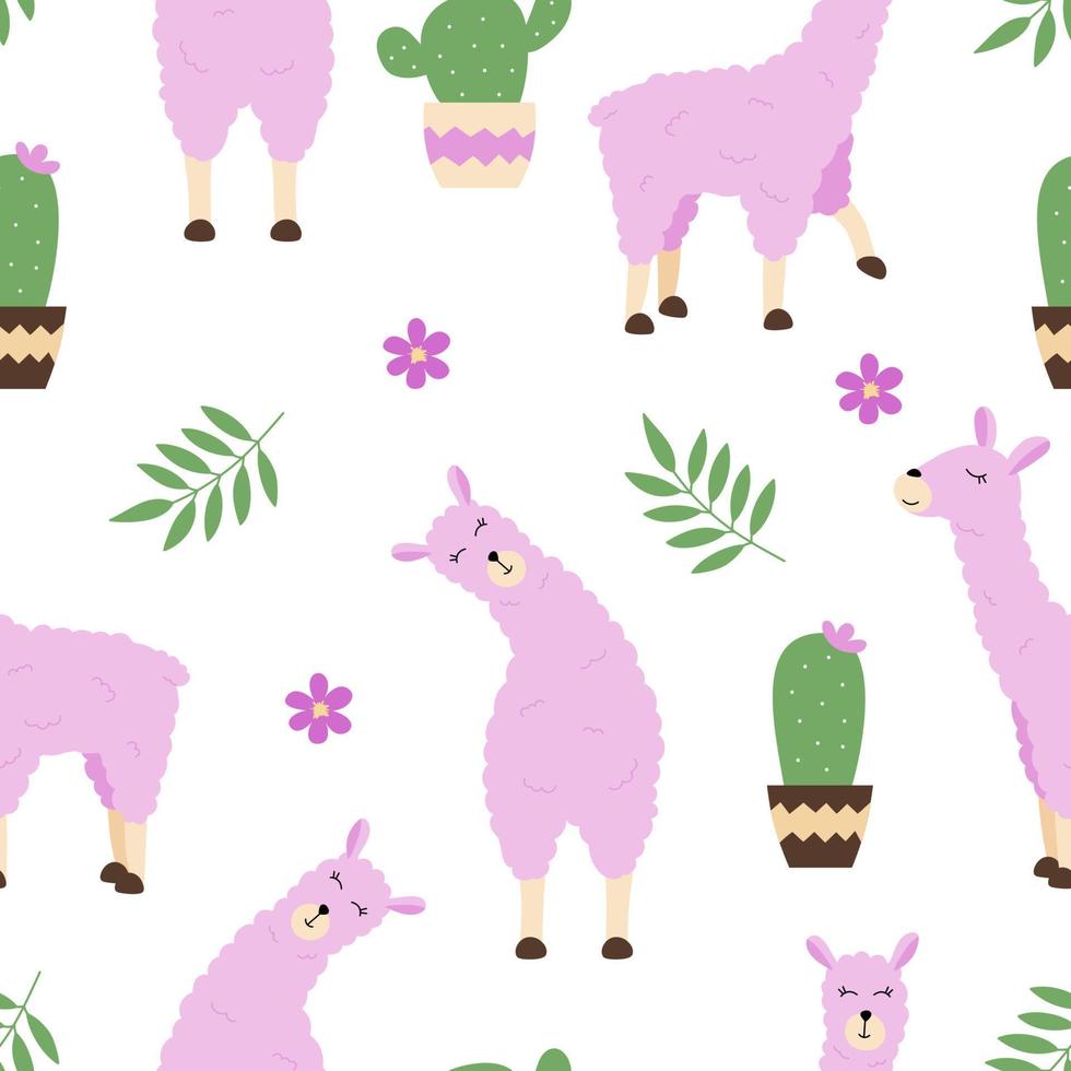 sömlös mönster med rosa lamadjur, kaktusar och löv på en vit bakgrund. vektor