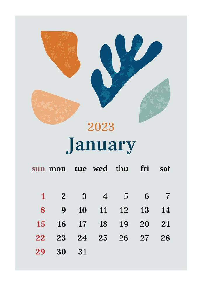 die Seite mit dem Monat Januar 2023 mit abstrakten organischen Formen in gedeckten Tönen. vertikales Poster in einem ästhetischen Stil in kalten Farben. Vektor-Illustration-Design vektor