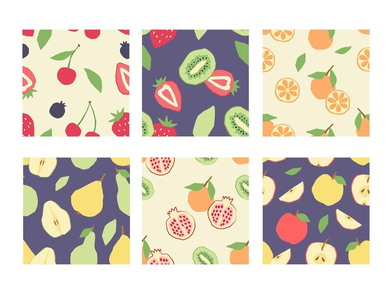 eine Sammlung nahtloser Muster verschiedener abstrakter Früchte und Beeren. Vektorhintergrund im handgezeichneten flachen Stil vektor