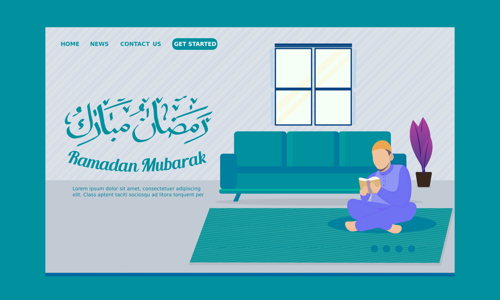 Ramadan Landing Page Mann sitzt vor dem Sofa mit Koran vektor