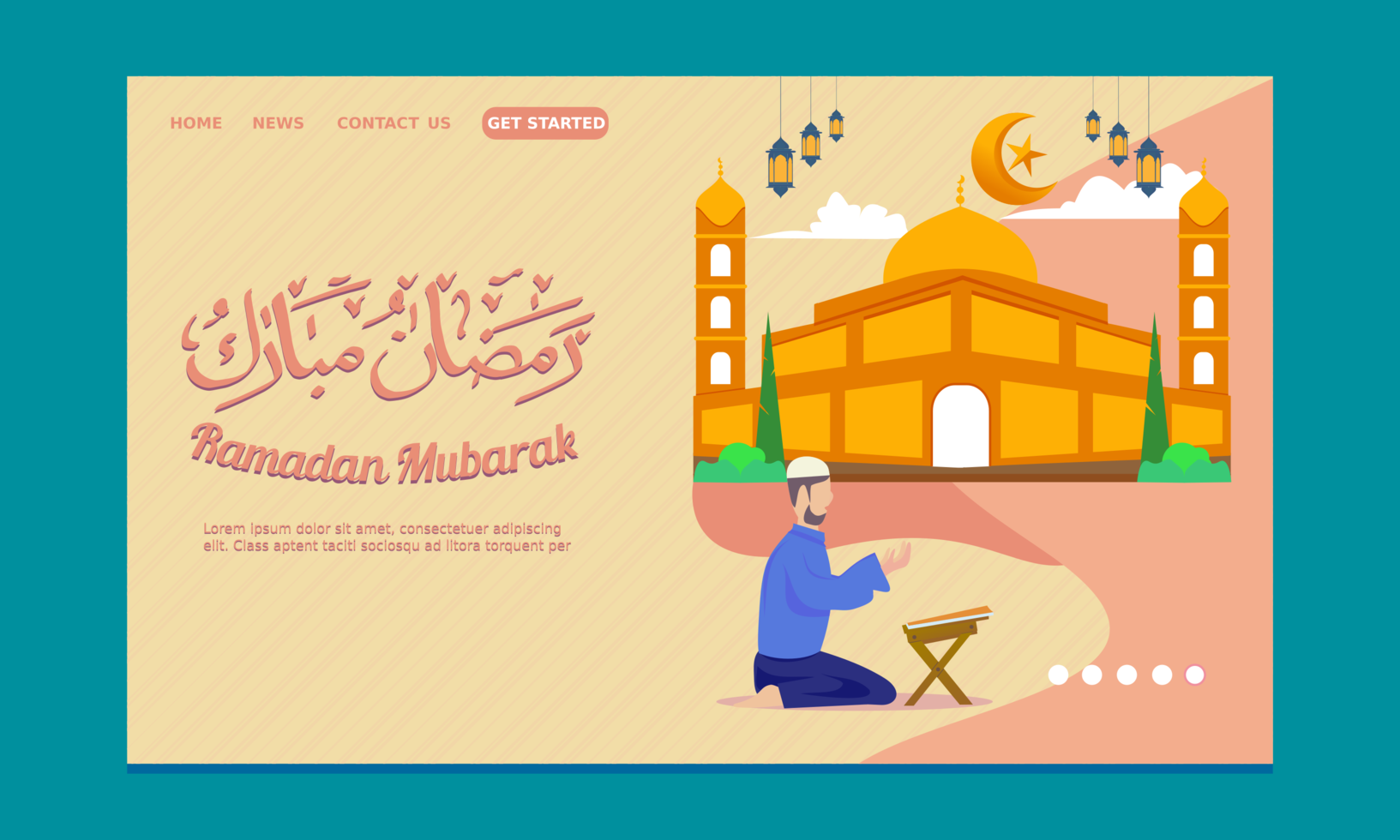 Ramadan Landing Page mit großer Moschee und betendem Mann vektor