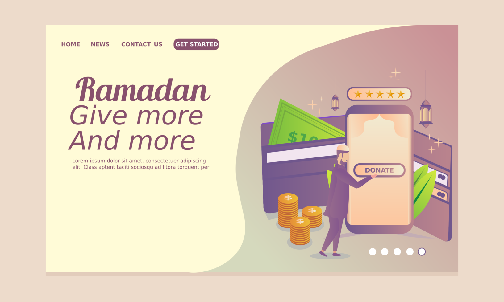 Ramadan Landing Page mit Mann, der online Wohltätigkeit gibt vektor