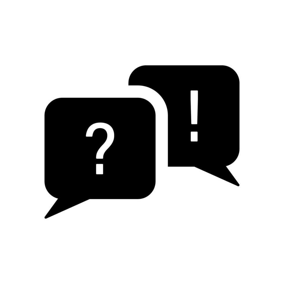 Fragezeichen und Ausrufezeichen auf Sprechblase markieren Silhouettensymbol. Fragen und beantworten Sie das FAQ-Zeichen. Glyphen-Piktogramm für Dialoggespräche für soziale Diskussionen. Chat-Anfrage-Info-Hilfe-Symbol. isolierte Vektorillustration. vektor