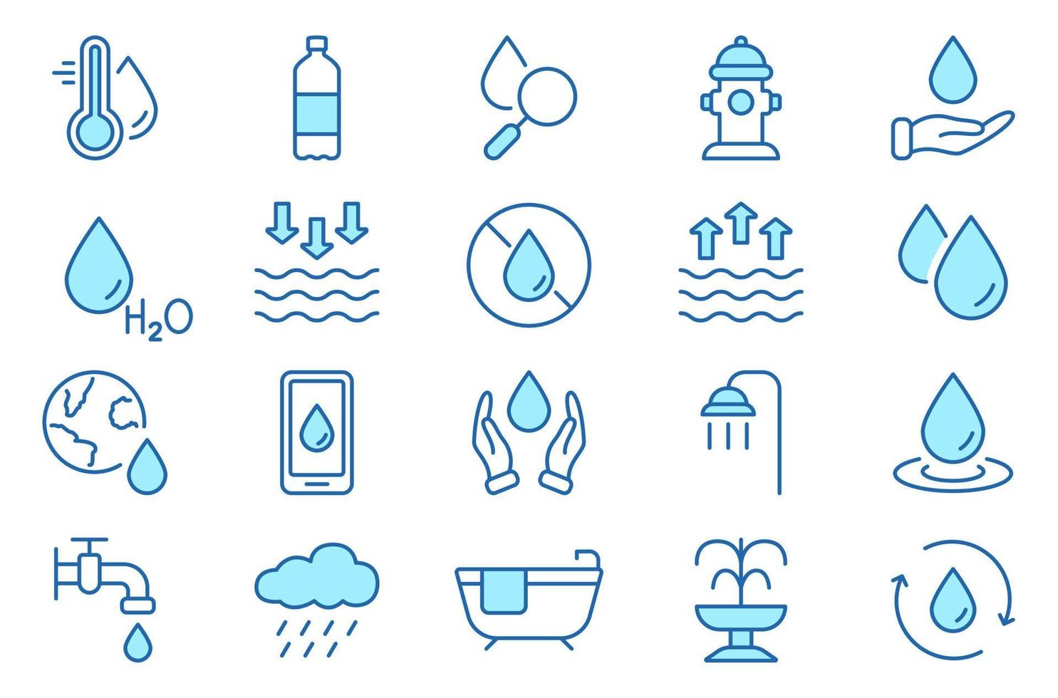 Wassertropfen-Ökologie-Flüssigkeitslinie-Icon-Set. trinken sie sauberes wasser lineares piktogramm. wasserhahn, wasserhahn, brunnen, soda, regen, dusche, bad reinheit aqua umrisssymbol. editierbarer Strich. isolierte Vektorillustration. vektor