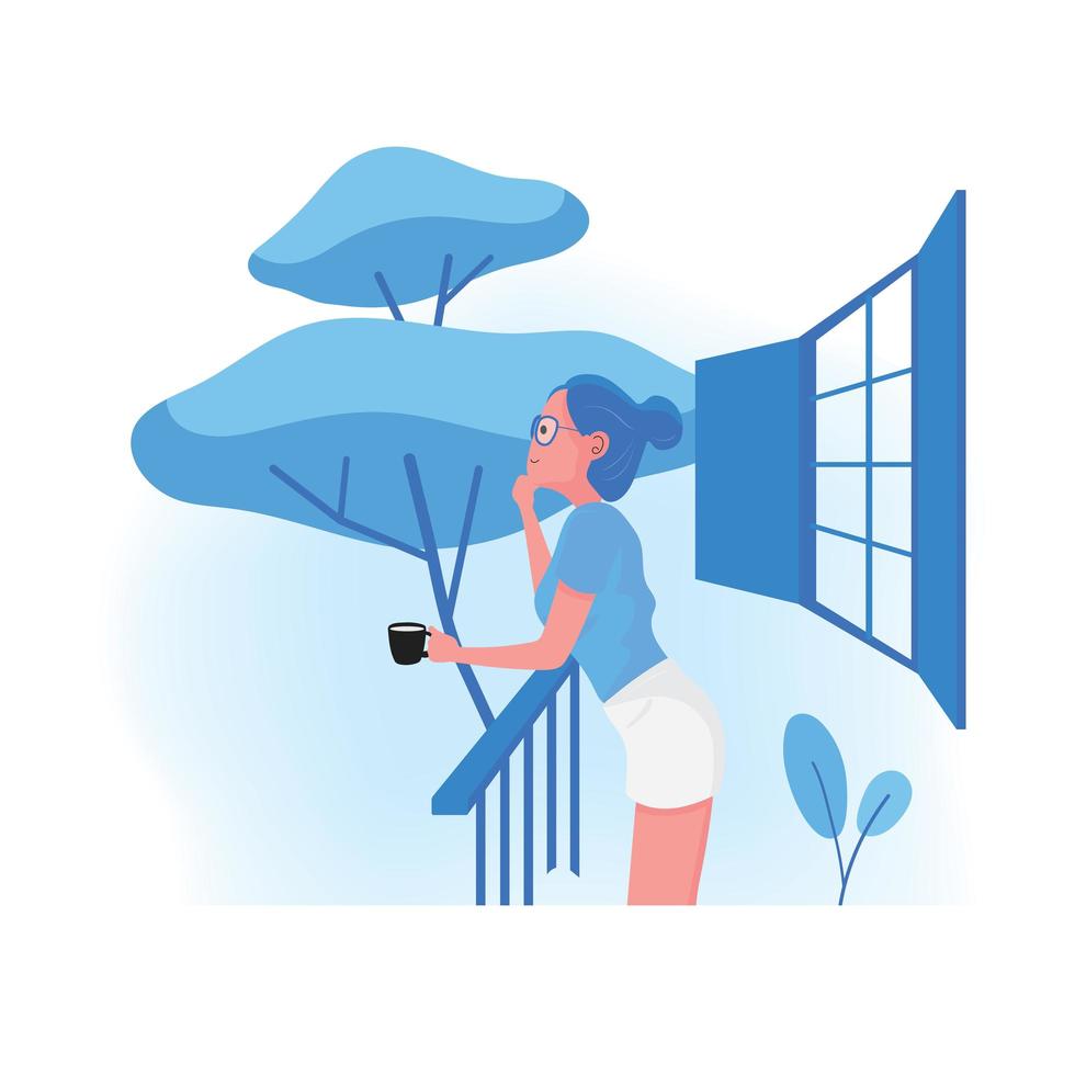Dame mit Kaffee stehend auf Balkon mit Blick auf den Baum vektor