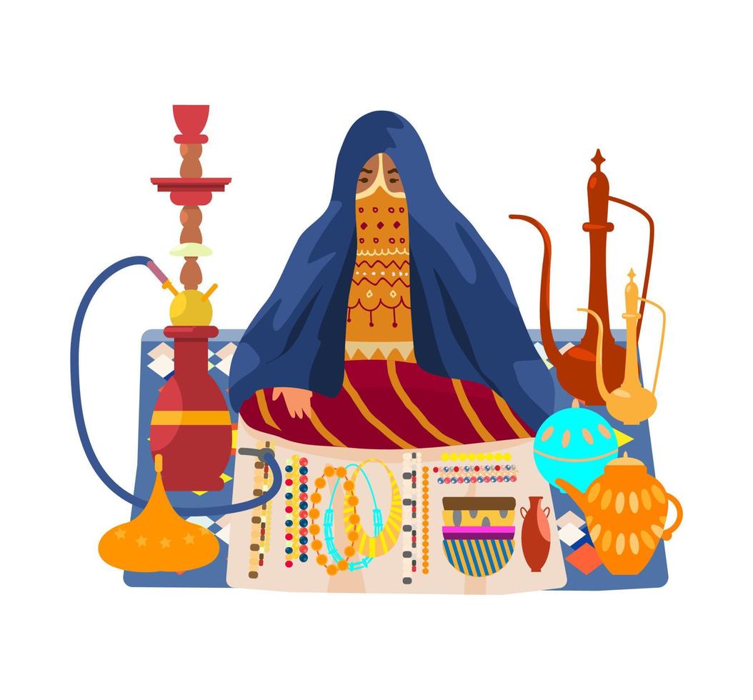 vektorillustration einer verschleierten arabischen frau, die traditionelle souvenirkeramik, schmuck, shisha, teekannen verkauft. Kultur des Nahen Ostens. vektor