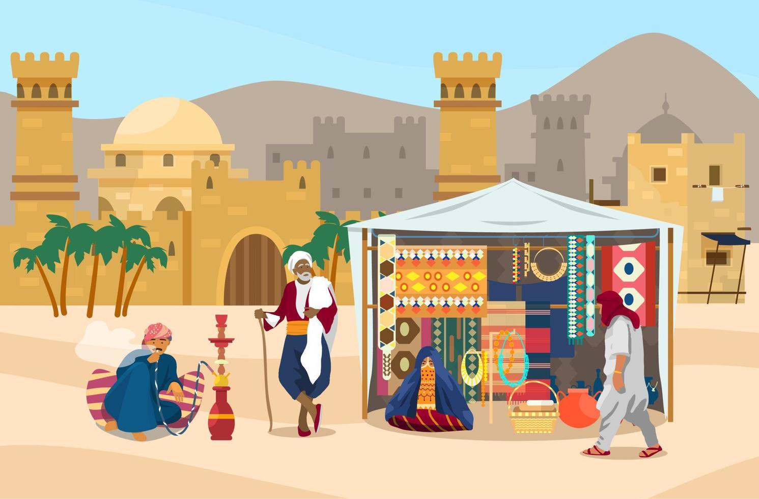 vektor illustration av mitten östra scen. arab människor i marknad med gammal stad på de bakgrund. gata affär med mattor, tyger, Smycken, keramik. förtäckt kvinna, man rökning vattenpipa.
