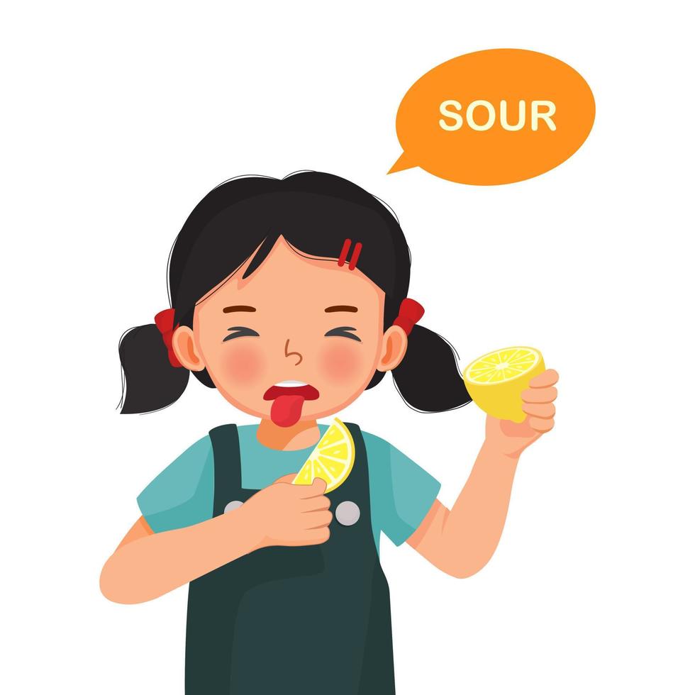 söt liten flicka innehav citron- som visar sur smak av tunga fem känner vektor