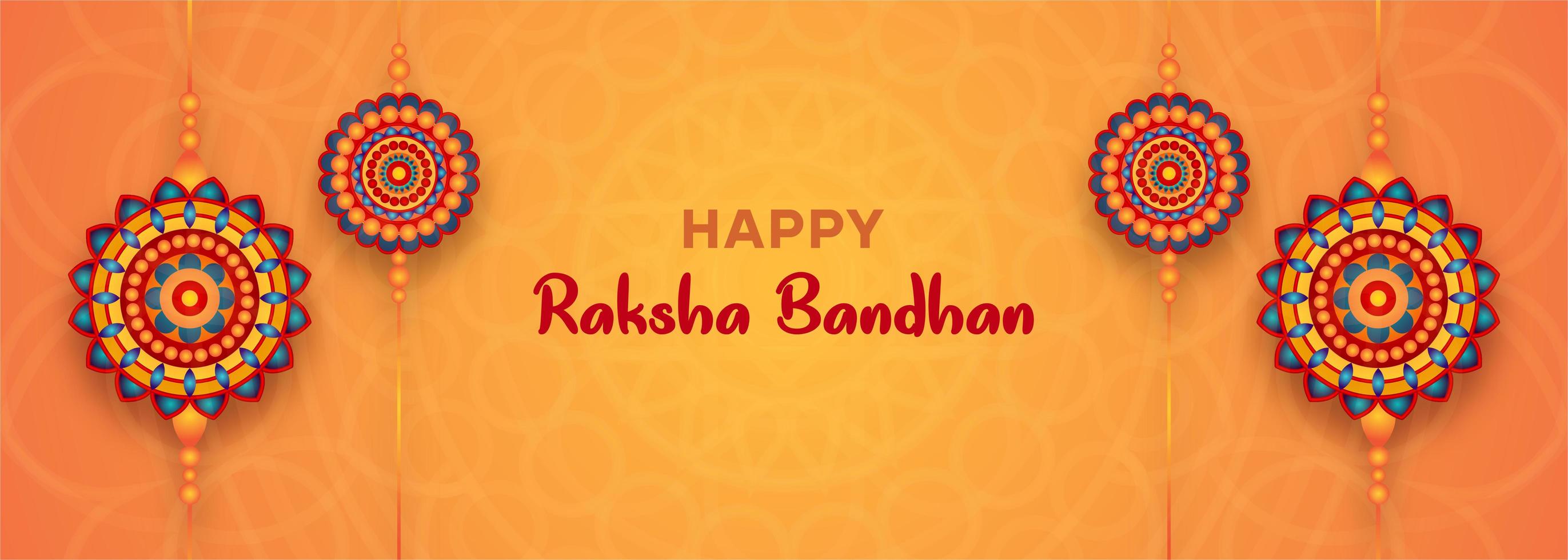 Raksha Bandhan Orange Banner mit 4 bunten Mandalas vektor