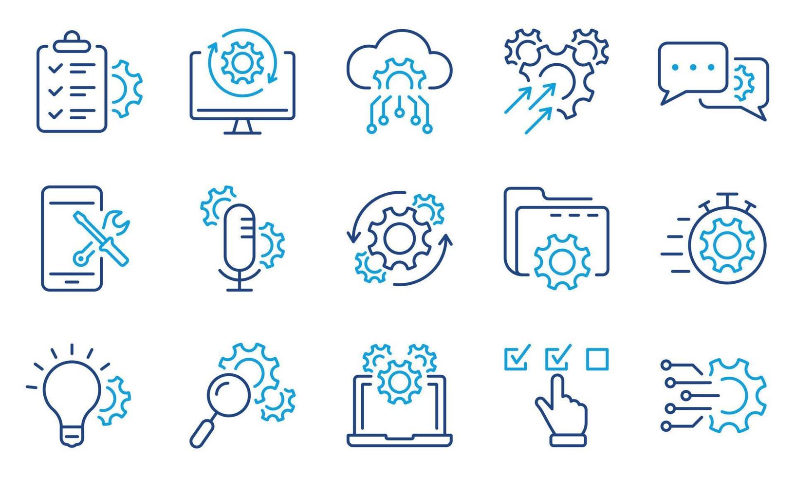 teknologi konfiguration linje ikon. innovation företag bearbeta översikt ikon. redskap, dator, verktyg, Tal bubbla digital miljö Färg piktogram. redigerbar stroke. isolerat vektor illustration.