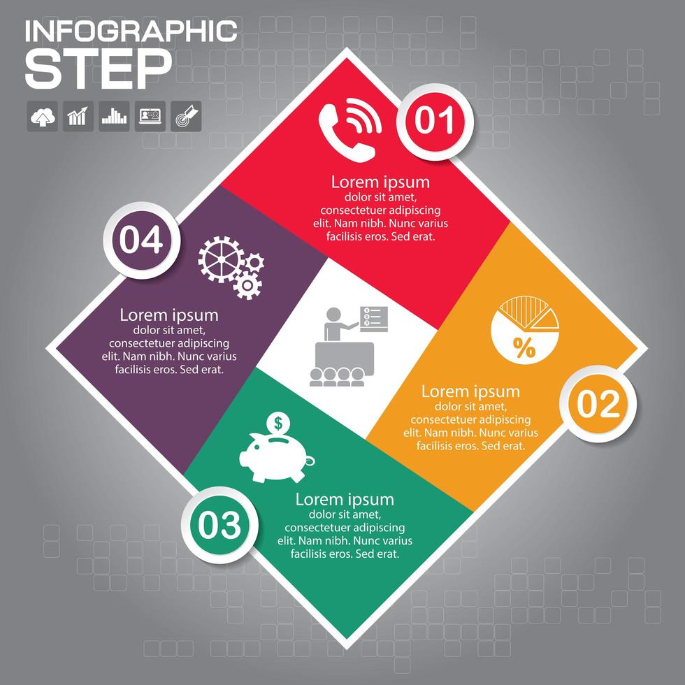 bunte 4-Stufen-Diamant-Infografik mit Symbolen vektor