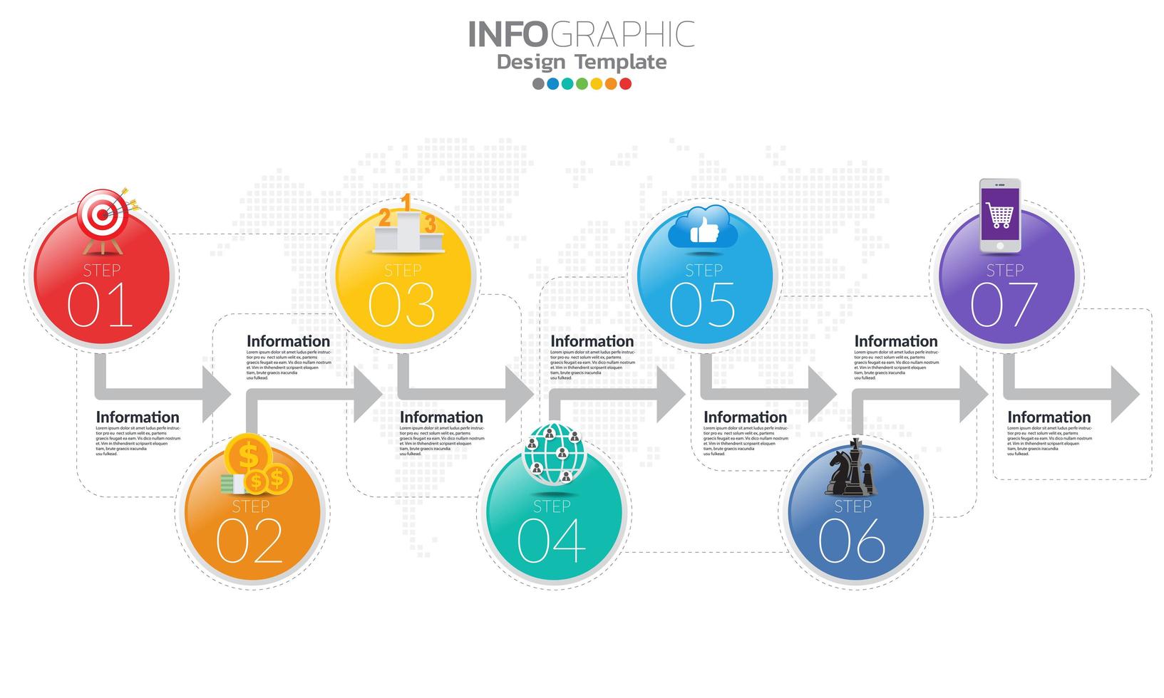 Infografik mit Pfeilen und 7 Optionen für glänzende Farbkreise vektor