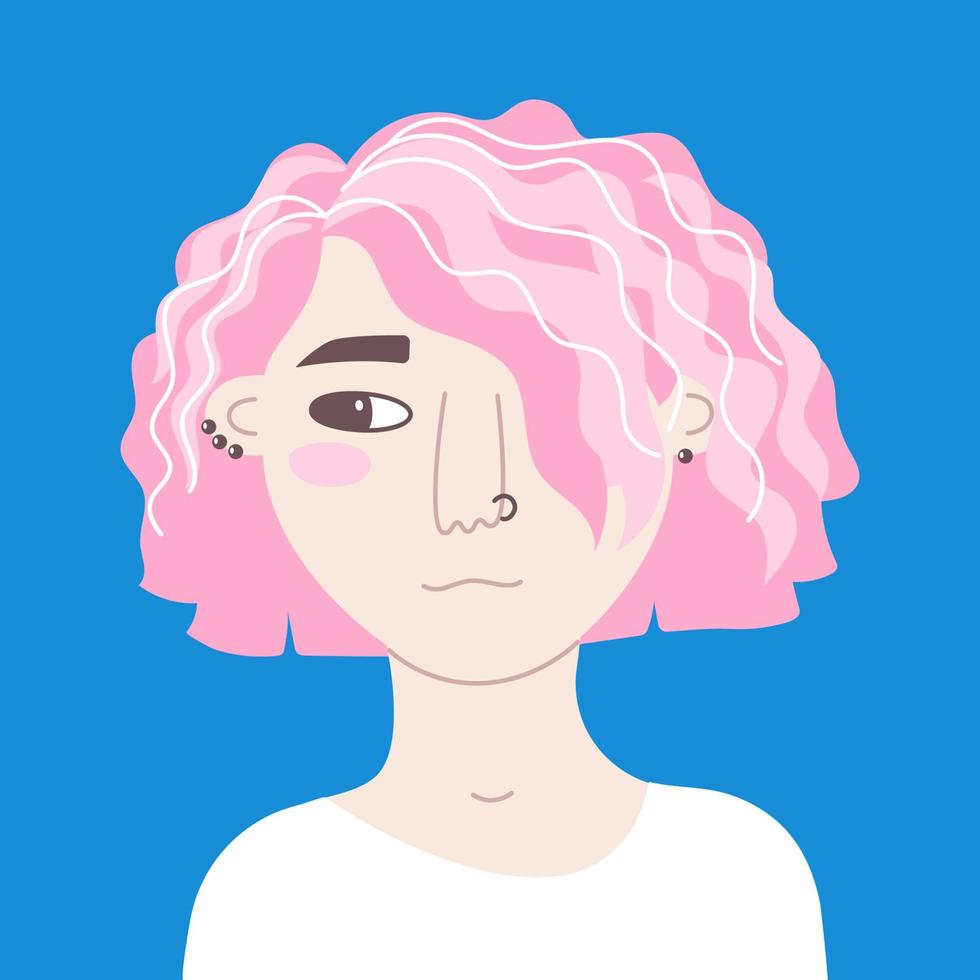 porträtt av ett unsmiling ung kvinna med rosa hår. vektor platt illustration av en flicka i vit kläder. modern tonåring med vågig frisyr och piercingar. tecknad serie avatar för social nätverk.