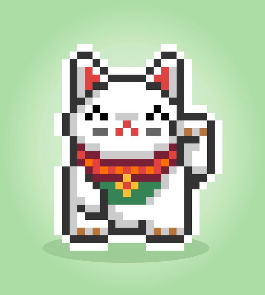 Pixelkatze 8 Bit. die glückliche katze, maneki neko in der vektorillustration. vektor