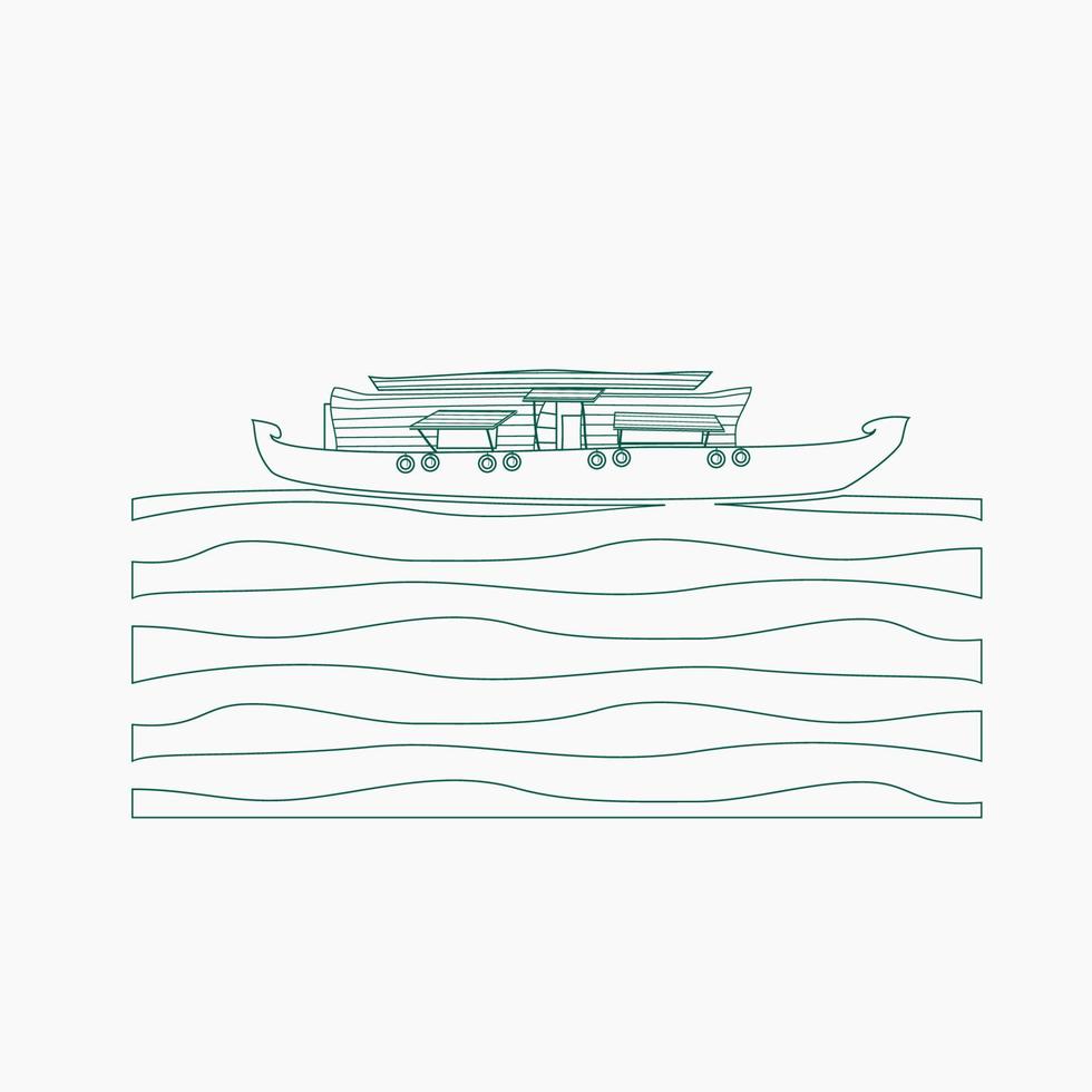 editierbare seitenansicht indisches keralanisches hausbootstauwasser auf welliger seevektorillustration im umrissstil für kunstwerkelement der erholung oder des transports von südwestindien bezogenem design vektor