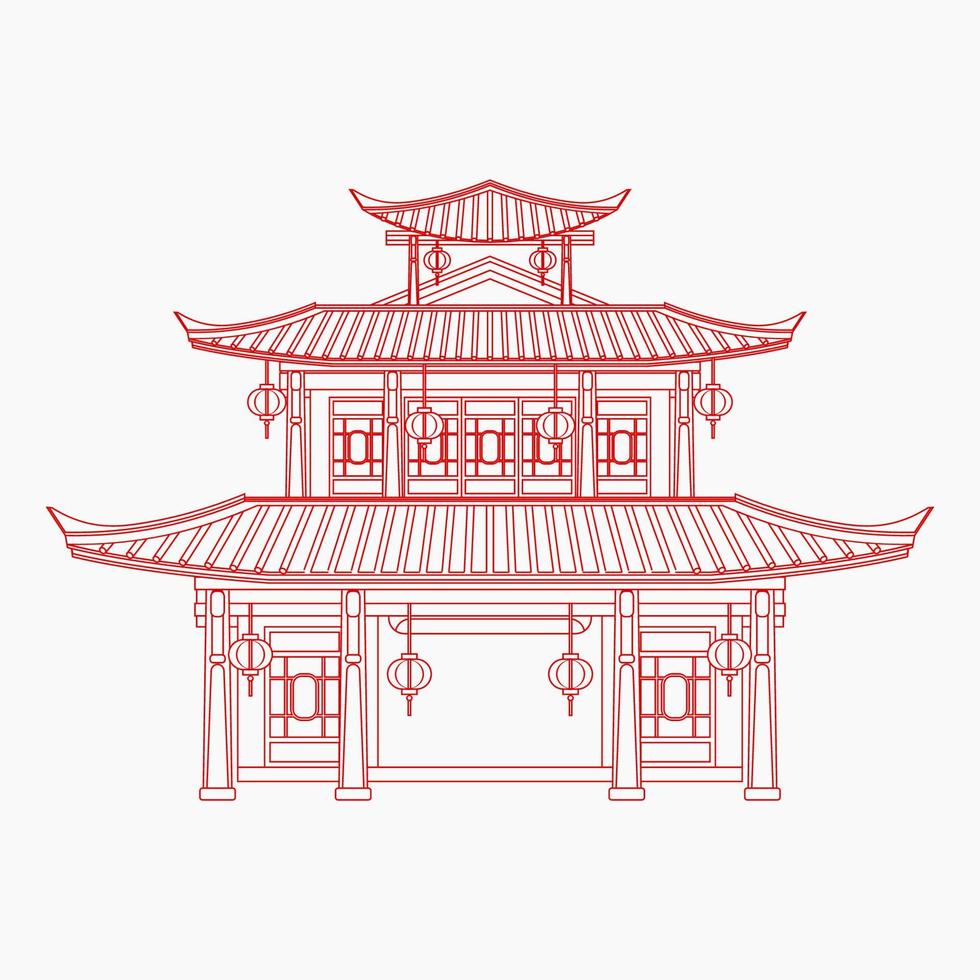 Bearbeitbare drei Dächer traditionelle chinesische Gebäudevektorillustration im Umrissstil für Grafikelemente der orientalischen Geschichte und des kulturbezogenen Designs vektor