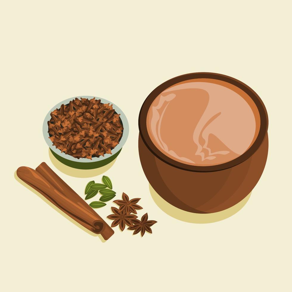 bearbeitbare Draufsicht Indischer Masala Chai mit einer Schüssel Nelken und anderen verschiedenen Kräutergewürzen für Kunstwerke von Getränken mit südasiatischer Kultur und Traditionsdesign vektor