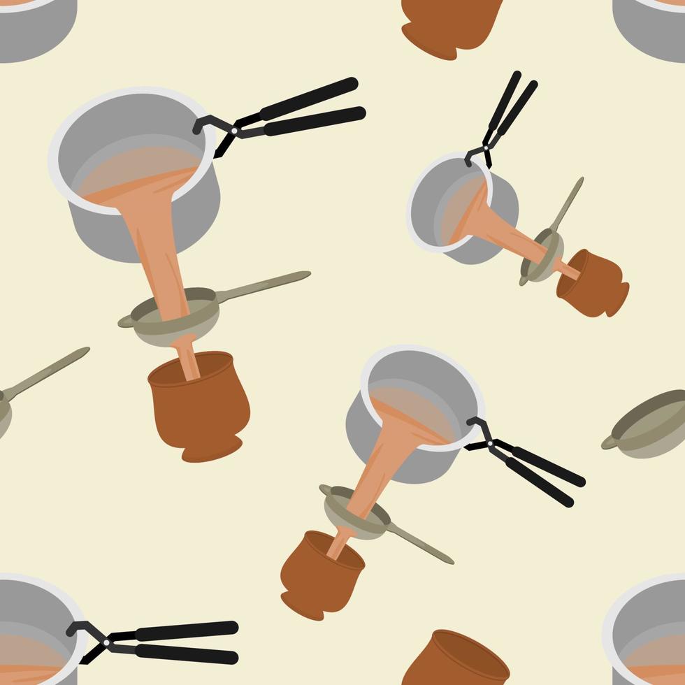 redigerbar sömlös mönster av häller och filtrering indisk masala chai in i krukmakeri kopp vektor illustration för skapande bakgrund av drycker med söder asiatisk kultur och tradition