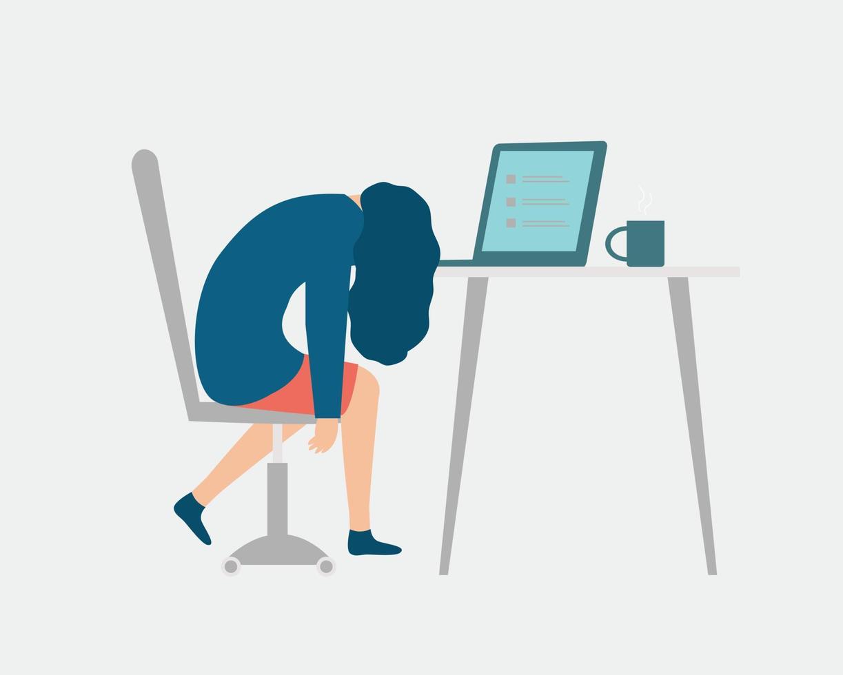 Erschöpfte Frau, die sich im Büro müde und krank fühlt. Managerin sitzt aufgrund von Stress, Burnout und Druck mit gesenktem Kopf auf dem Laptop. professionelles Burnout-Syndrom-Konzept. Vektor-Illustration. vektor