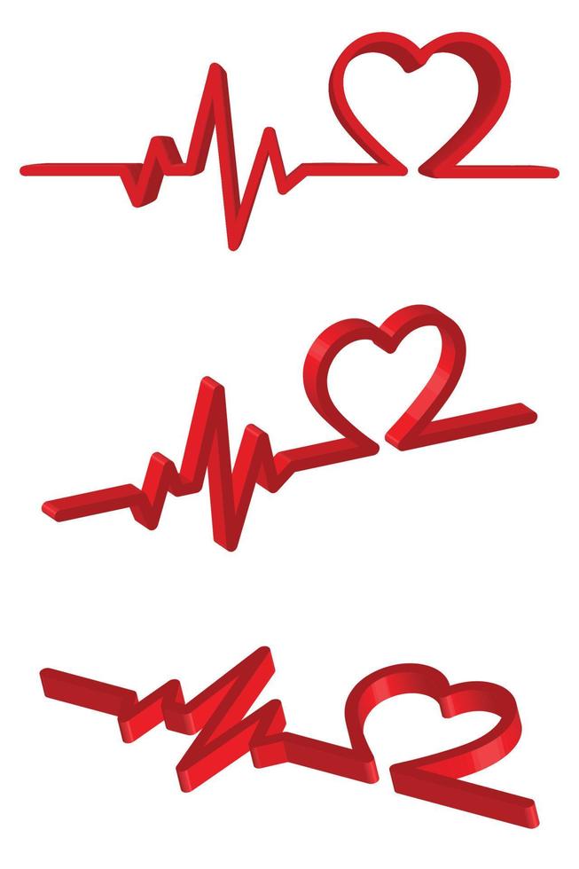 isometrische herzform und 3d-illustration herzschlaglinie und ekg - ekg-signalsatz vektor