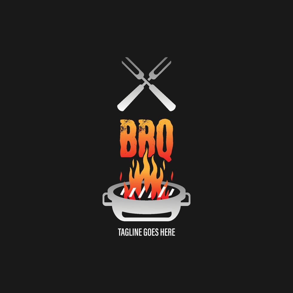 grilllogo mit bbq-logotyp und feuerkonzept in kombination mit spachtel vektor