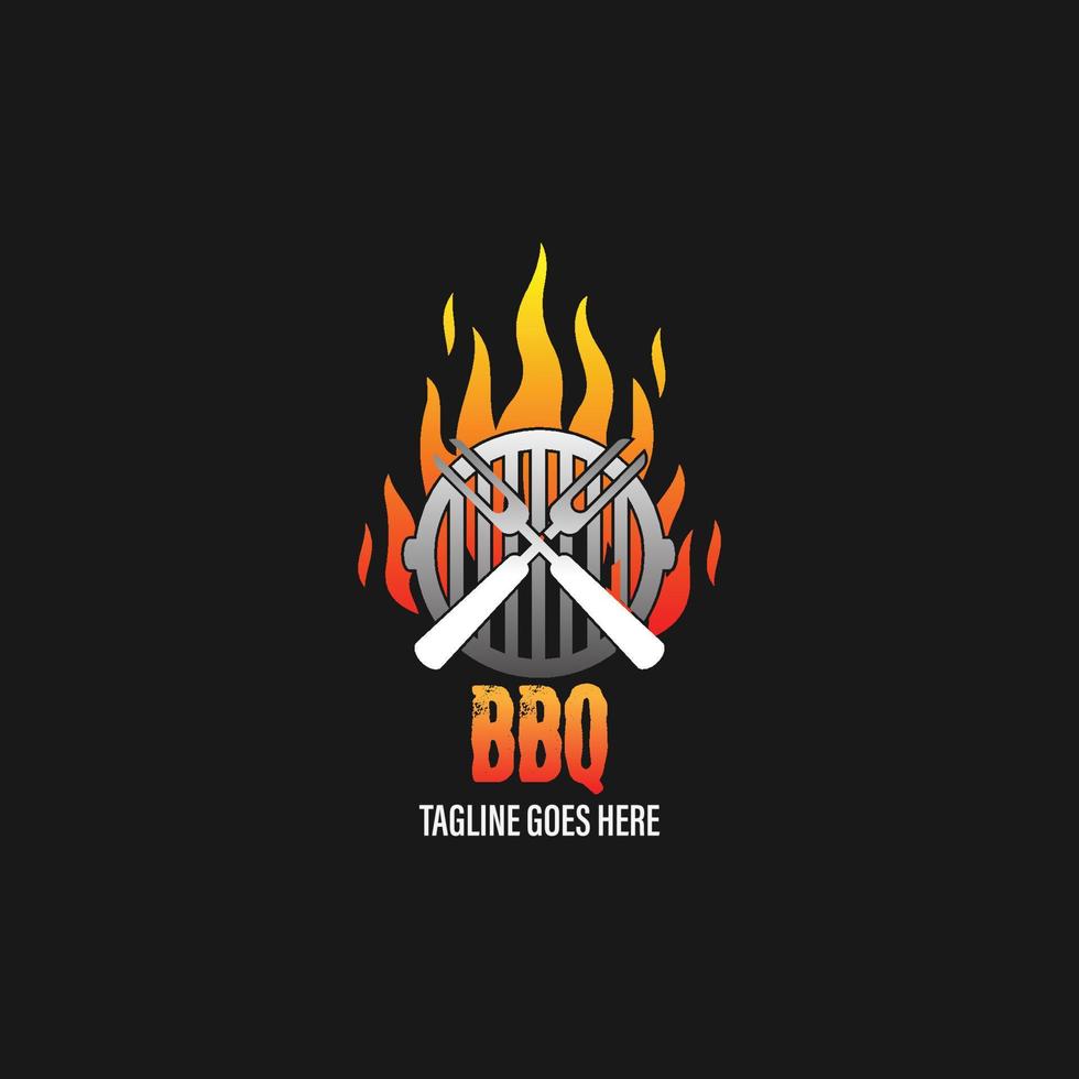 grilllogo mit bbq-logotyp und feuerkonzept in kombination mit spachtel vektor