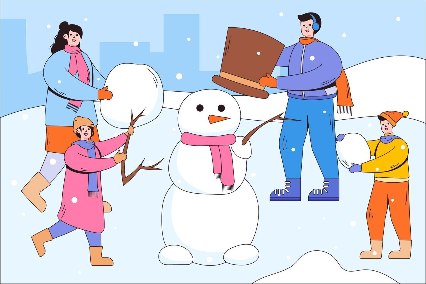 fröhliche kinder und eltern tragen lässige warme kleidung, die zusammen einen schneemann macht. saisonale Winteraktivitäten. Zeichentrickfiguren mit Umriss. Vektorillustrationen vektor