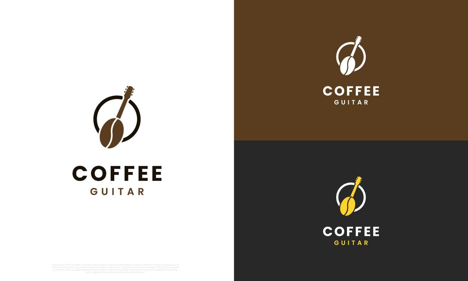 musiker Kafé logotyp design. kaffe böna kombinera med gitarr nacke logotyp vektor