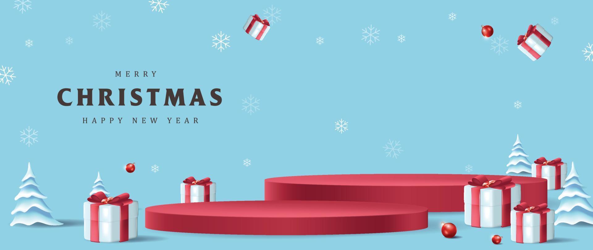 glad jul baner med produkt visa cylindrisk form och gåva låda röd rosett dekoration vektor